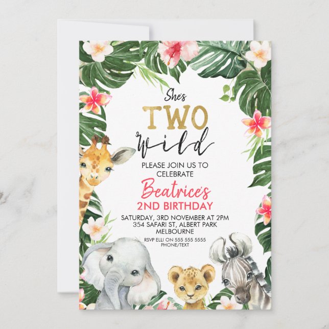 Floral Safari She's Two Wild Second Birthday Invitation (Front)