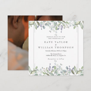 Floral Sage And Lilac Square Photo Wedding Invitation