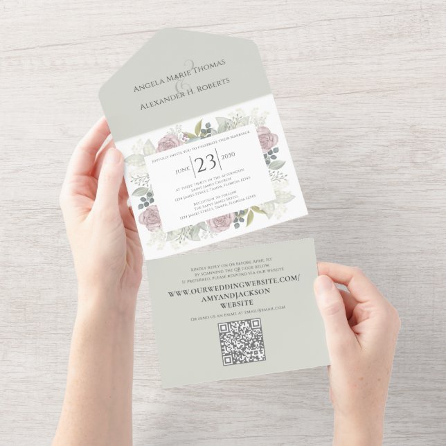 Floral Sage Dusty Rose Classic Greenery QR Code All In One Invitation (Tearaway)