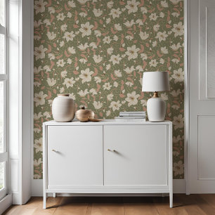 Floral Sage Green Beige Lily Botanical Pattern Wallpaper