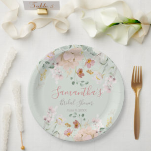 Floral Sage Green Blush Pink Elegant  Paper Plate