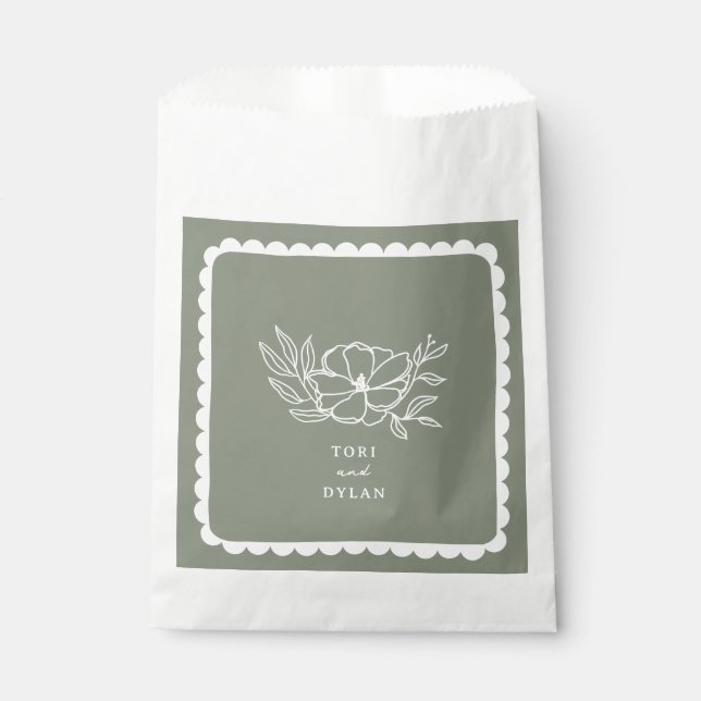 Floral Sage Green Botanical Scalloped Wedding Favour Bags (Front)