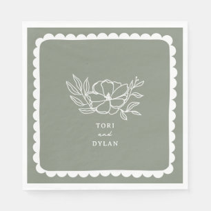 Floral Sage Green  Botanical Scalloped Wedding Napkin