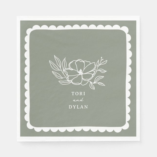 Floral Sage Green  Botanical Scalloped Wedding Napkin (Front)