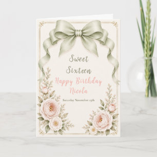 Floral Sage Green Coquette Bow Sweet Sixteen Card