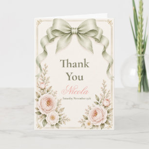 Floral Sage Green Coquette Bow Sweet Sixteen Thank You Card
