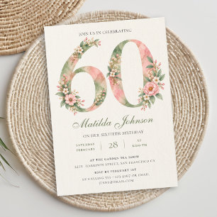 Floral Sage Green Dusty Pink 60th Birthday Invitation
