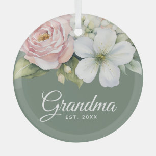 Floral Sage Green Establishment Date New Grandma Glass Tree Decoration