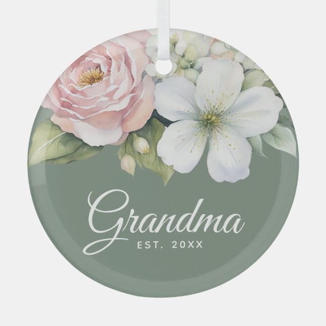Floral Sage Green Establishment Date New Grandma Glass Tree Decoration (Front)