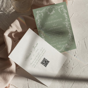 Floral Sage Green Garden Monogram QR Code Wedding Invitation