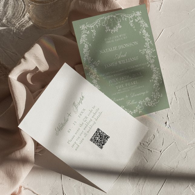 Floral Sage Green Garden Monogram QR Code Wedding Invitation (Creator Uploaded)