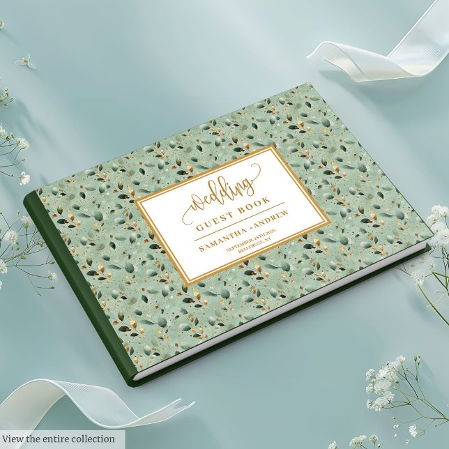 Floral sage green gold eucalyptus leaves wedding guest book (Fairytale Sage Green And Gold Wedding Guest Book)