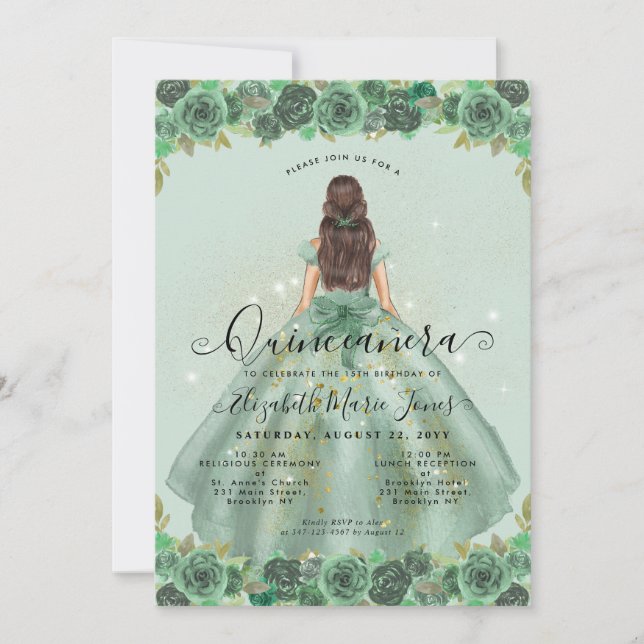 Floral Sage Green Gold Glam Princess Quinceanera Invitation (Front)