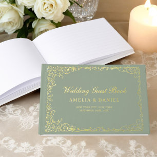 Floral Sage Green Gold Vintage Wedding Guest Book