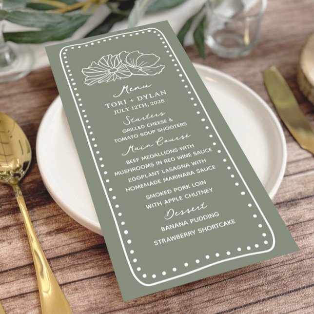 Floral Sage Green Hand Drawn Frame Wedding Menu (Creator Uploaded)