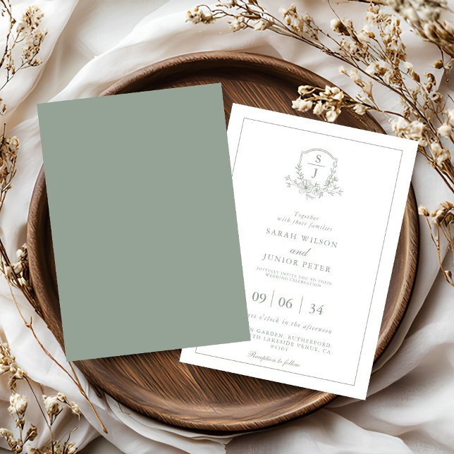 Floral Sage Green Leafy Crest Monogram Wedding Invitation (Creator Uploaded)