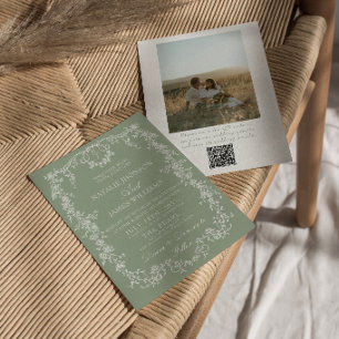 Floral Sage Green Monogram Photo QR Code Wedding Invitation