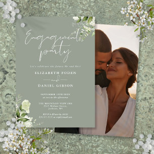 Floral Sage Green Script Photo Engagement Party Invitation