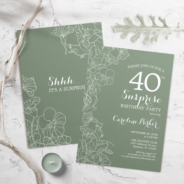 Floral Sage Green Surprise 40th Birthday Party Invitation (Creator Uploaded)