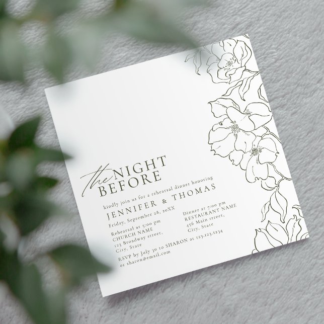 Floral sage green the night before rehearsal invitation (Elegant hand drawn floral sage green rehearsal dinner invitations)