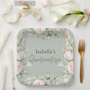 Floral Sage Green Watercolor Quinceañera Paper Plate