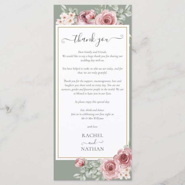 Floral Sage Green Wedding Thank You Place Card (Front)