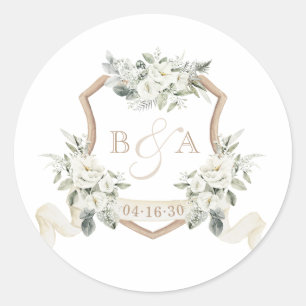 Floral Sage Green White Floral Crest Wedding Classic Round Sticker