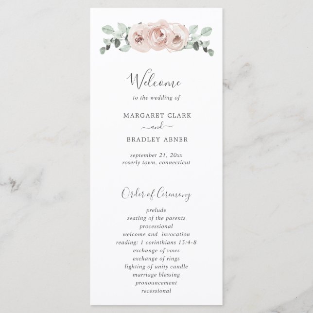 Floral Sage Greenery Dusty Rose Wedding Programme (Front)