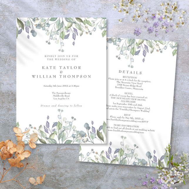 Floral Sage Lilac Greenery All In One Wedding Invitation (Floral Sage Lilac Greenery All In One Wedding Invitation)