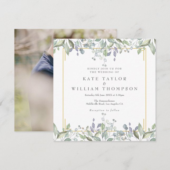 Floral Sage Lilac Greenery Square Wedding Photo Invitation (Front/Back)