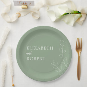 Floral Sage Wedding Script Elegant Minimal Simple Paper Plate