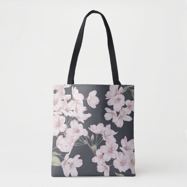 Floral sakura, dark grey, seamless pattern. tote bag (Front)