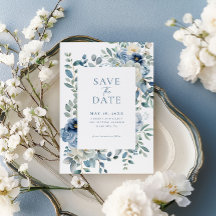 Floral Save The Date, Dusty Blue Save The Date
