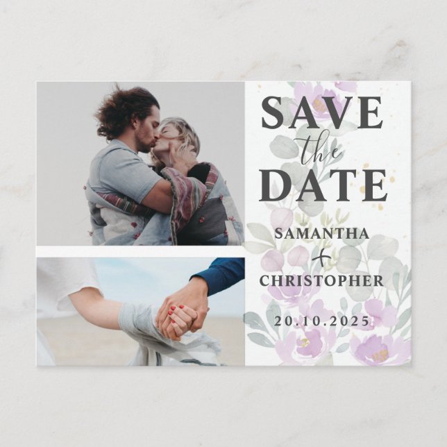 Floral Save the Date Pink & White Photo Wedding Announcement Postcard (Front)