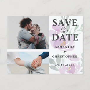 Floral Save the Date Puple & White Photo Wedding A Announcement Postcard