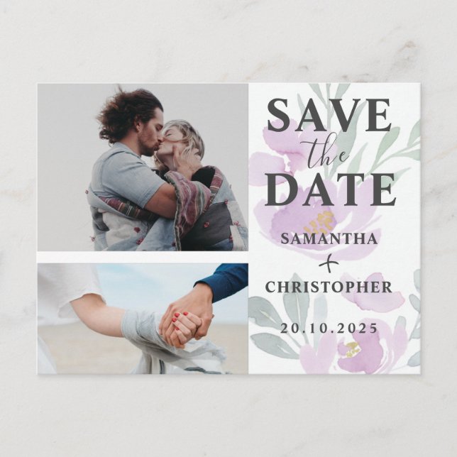 Floral Save the Date Puple & White Photo Wedding A Announcement Postcard (Front)