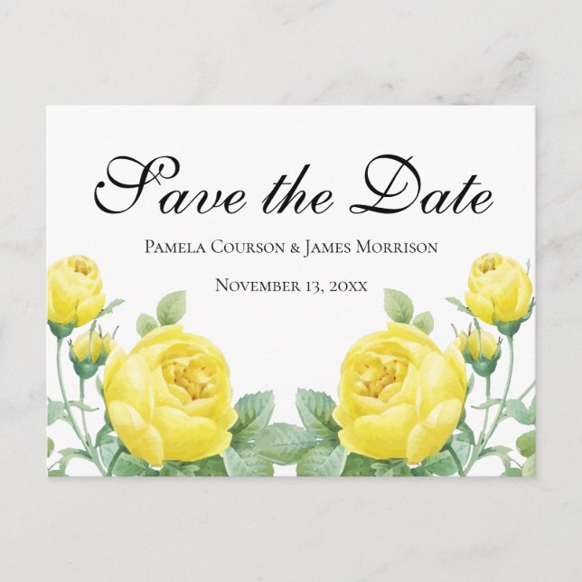 Floral Save the Date Yellow Rose Flower Engagement Postcard (Front)