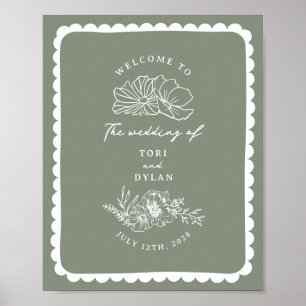 Floral Scalloped Border Sage Green Wedding Welcome Poster