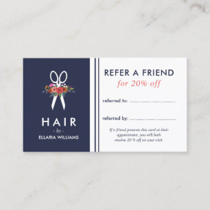 Floral Scissor Blue Hair Stylist Referral Card