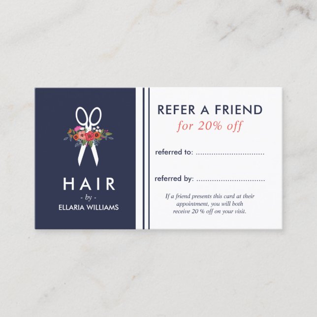 Floral Scissor Blue Hair Stylist Referral Card (Front)