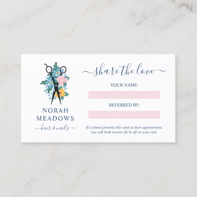 Floral Scissor White Hair Stylist Share the Love Referral Card (Front)