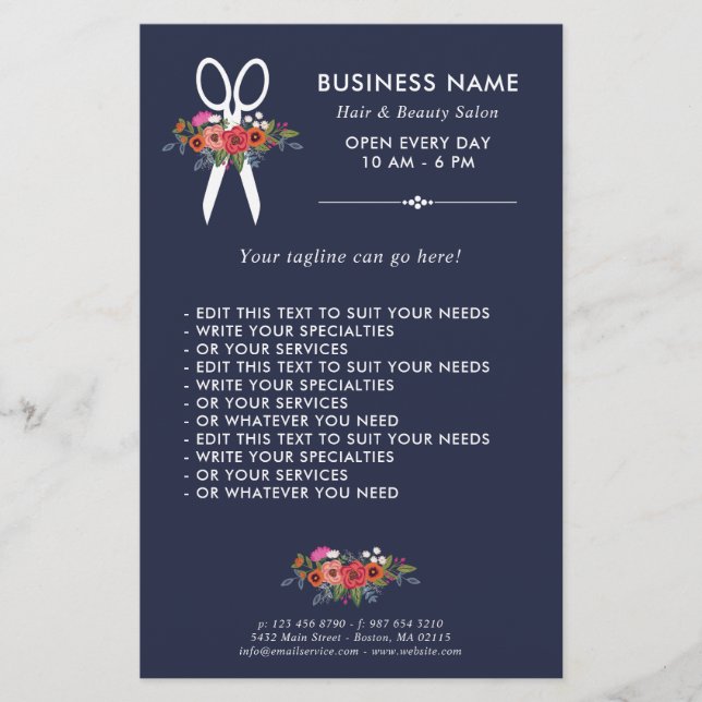 Floral Scissors - Navy Blue Hair Salon Flyer (Front)