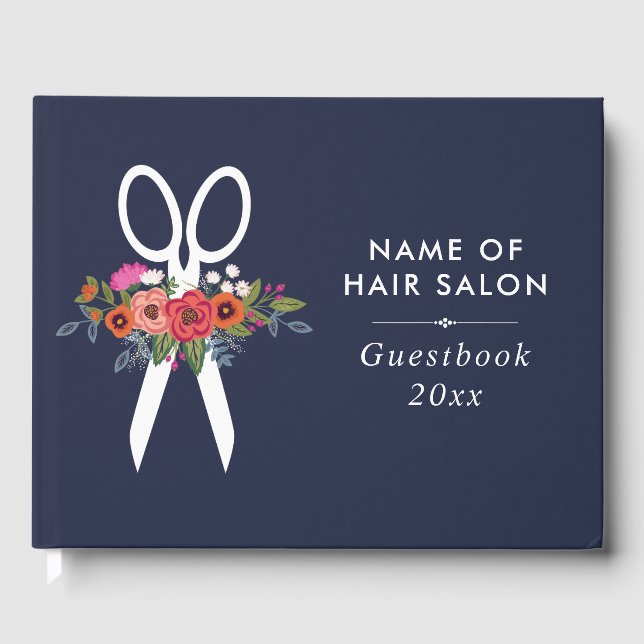 Floral Scissors - Navy Blue Hair Salon Guest Book (Front)