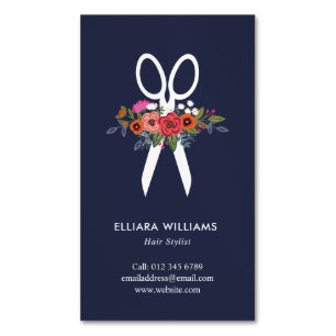 Floral Scissors - Navy Blue Hair Stylist Magnetic Business Card