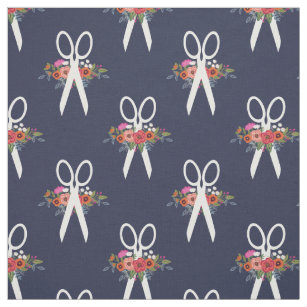 Floral Scissors Navy Blue Pattern Fabric