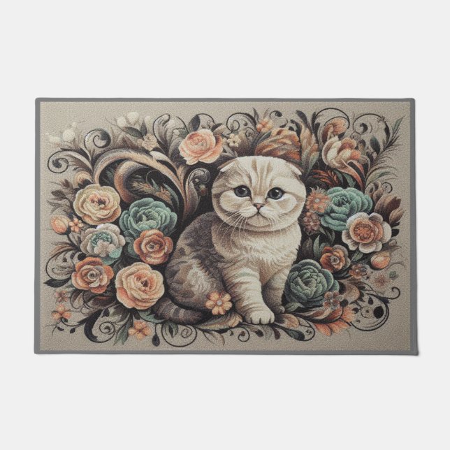 Floral Scottish Fold Cat, Scottish Fold Flowers Doormat (Front)