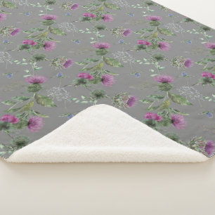 Floral Scottish Thistle Grey Pattern Sherpa Blanket