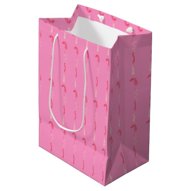 Floral scribbles on pink medium gift bag (Front Angled)