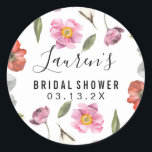 Floral Script Bridal Shower Classic Round Sticker<br><div class="desc">Floral Script Bridal Shower Stickers. Matching Items Available.</div>