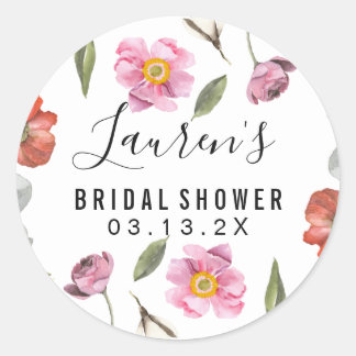 Floral Script Bridal Shower Classic Round Sticker